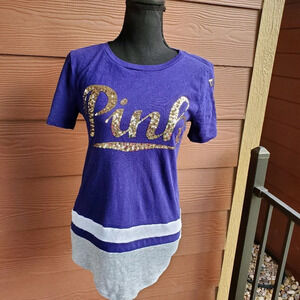 PINK Victoria's Secret Blue and Gray Bling Short Sleeve T-Shirt Size XS